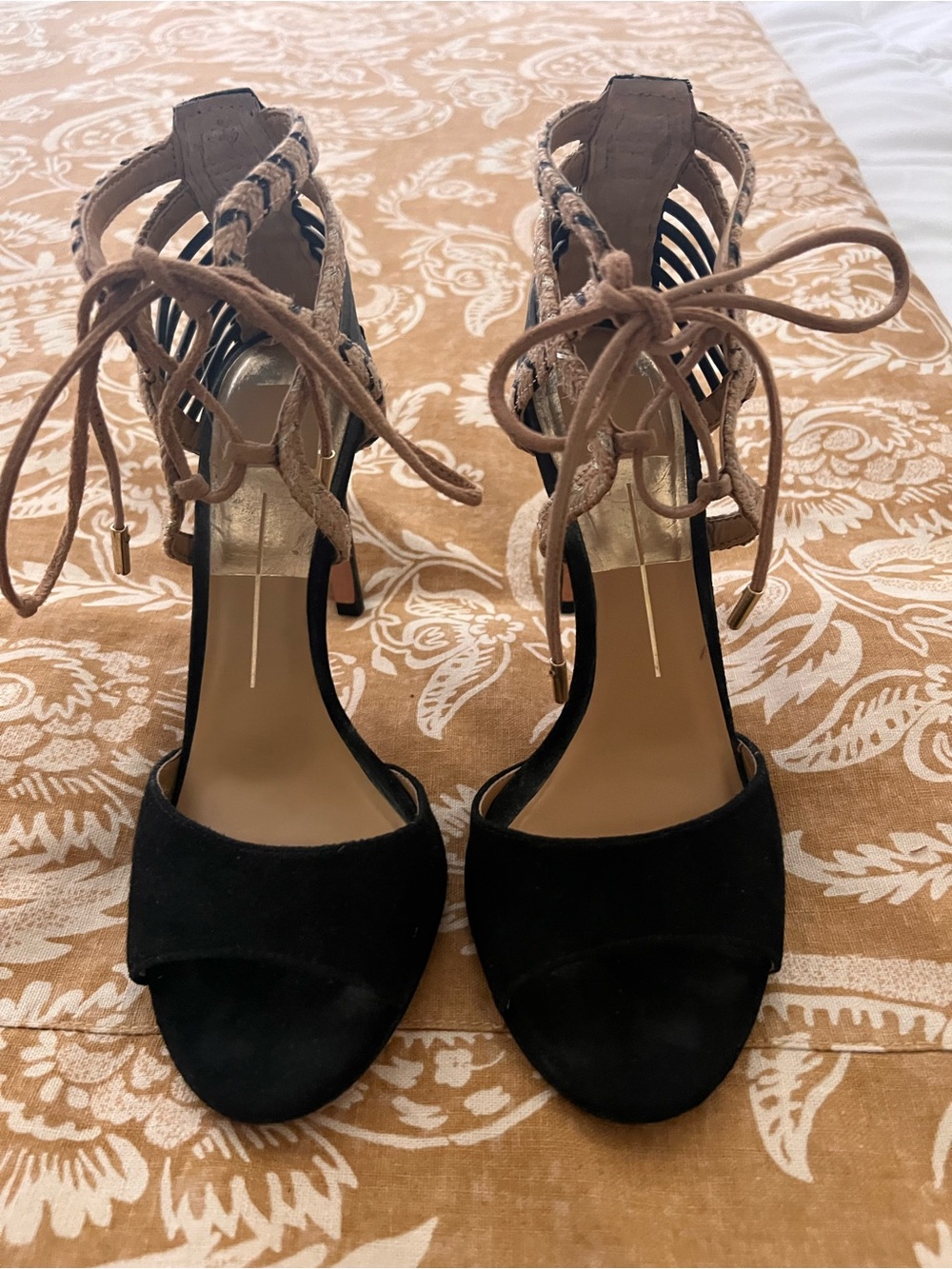 Dolce Vita Black Suede Open-Toe Lace-Up Heels with Tan Straps